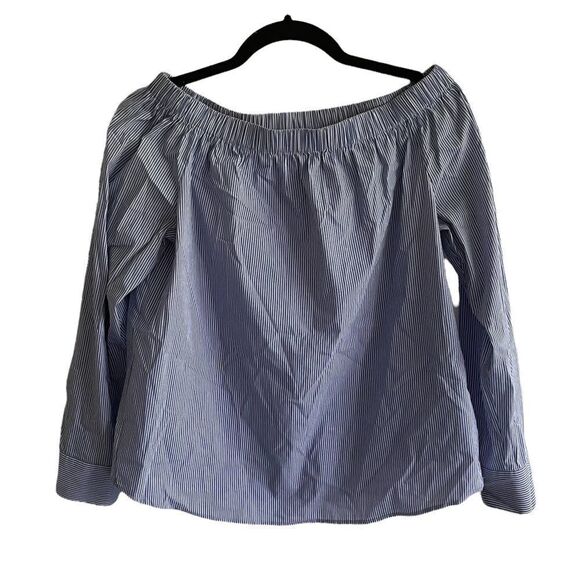 ZARA Blue White Striped Cotton Blend Off Shoulder Long Sleeve Blouse Top Shirt S - Picture 1 of 5